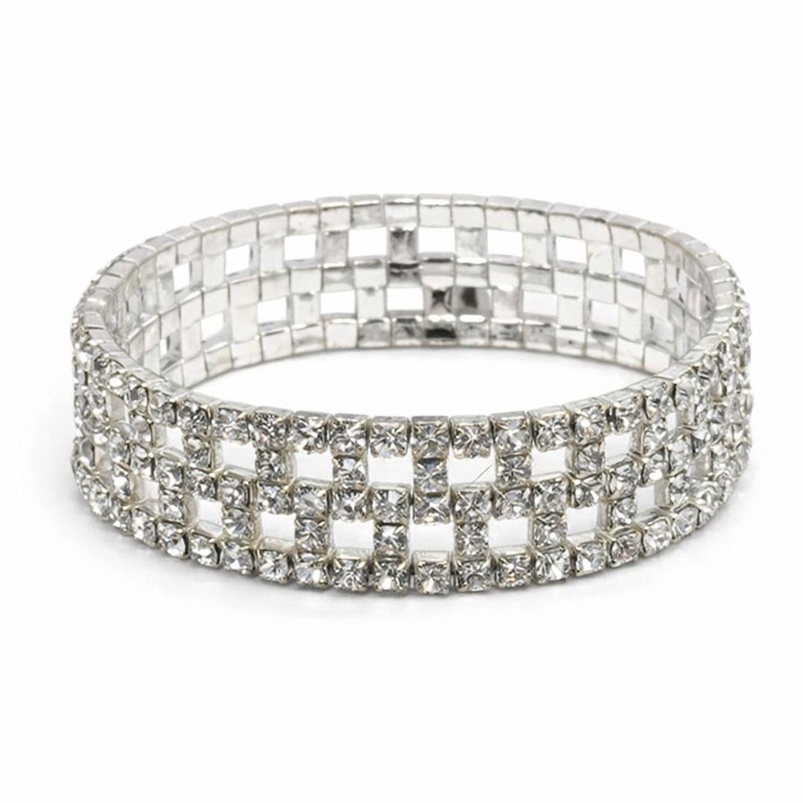 Sparkling Silver Tone Metal Colorless Glass Rhinestone Grid Bracelet Reversible